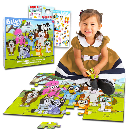 Bluey 36-piece floor puzzle assembly showing Bluey, Bingo, and friends for engaging family fun.