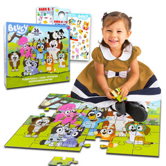 Bluey 36-piece floor puzzle assembly showing Bluey, Bingo, and friends for engaging family fun.