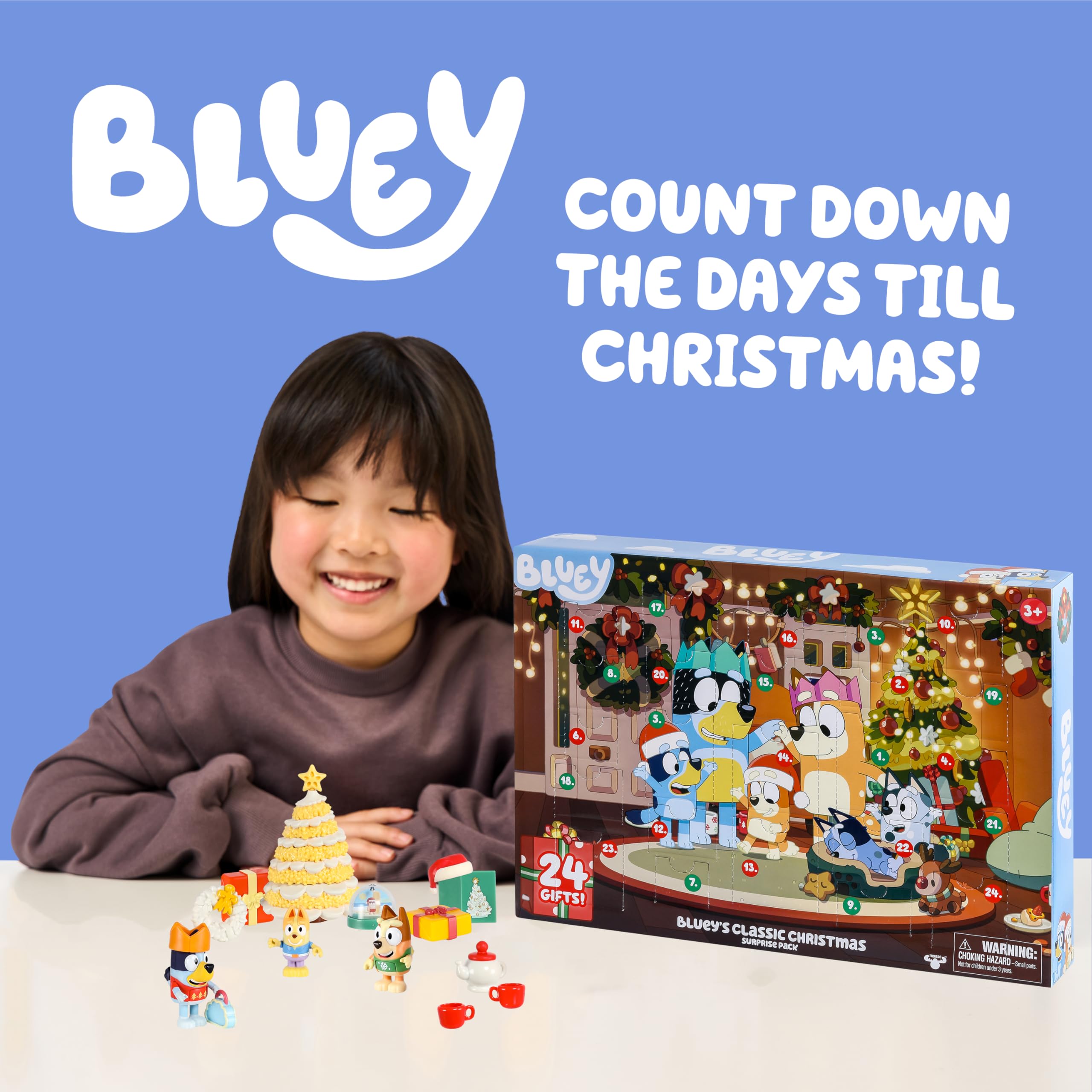 Bluey Advent Calendar includes Bluey, Bingo, and Bartlebee figures for imaginative scenes.