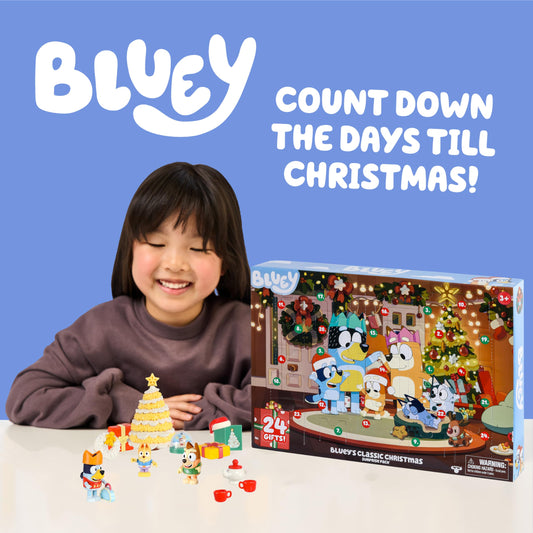 Bluey Advent Calendar includes Bluey, Bingo, and Bartlebee figures for imaginative scenes.