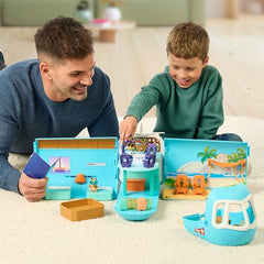 Bluey airplane opens into resort expanding play area for storytelling.