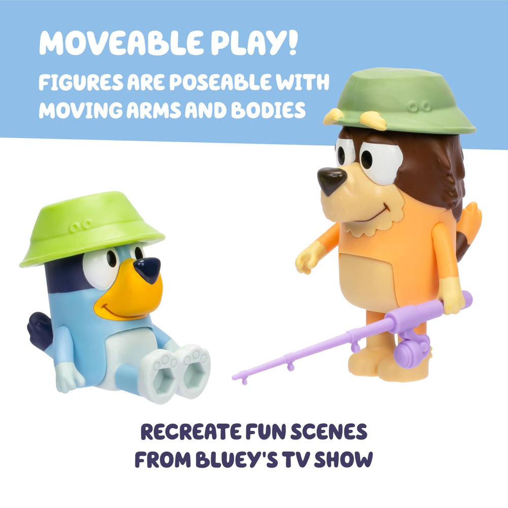 Bluey and Grandad figures wearing hats for immersive pretend fishing