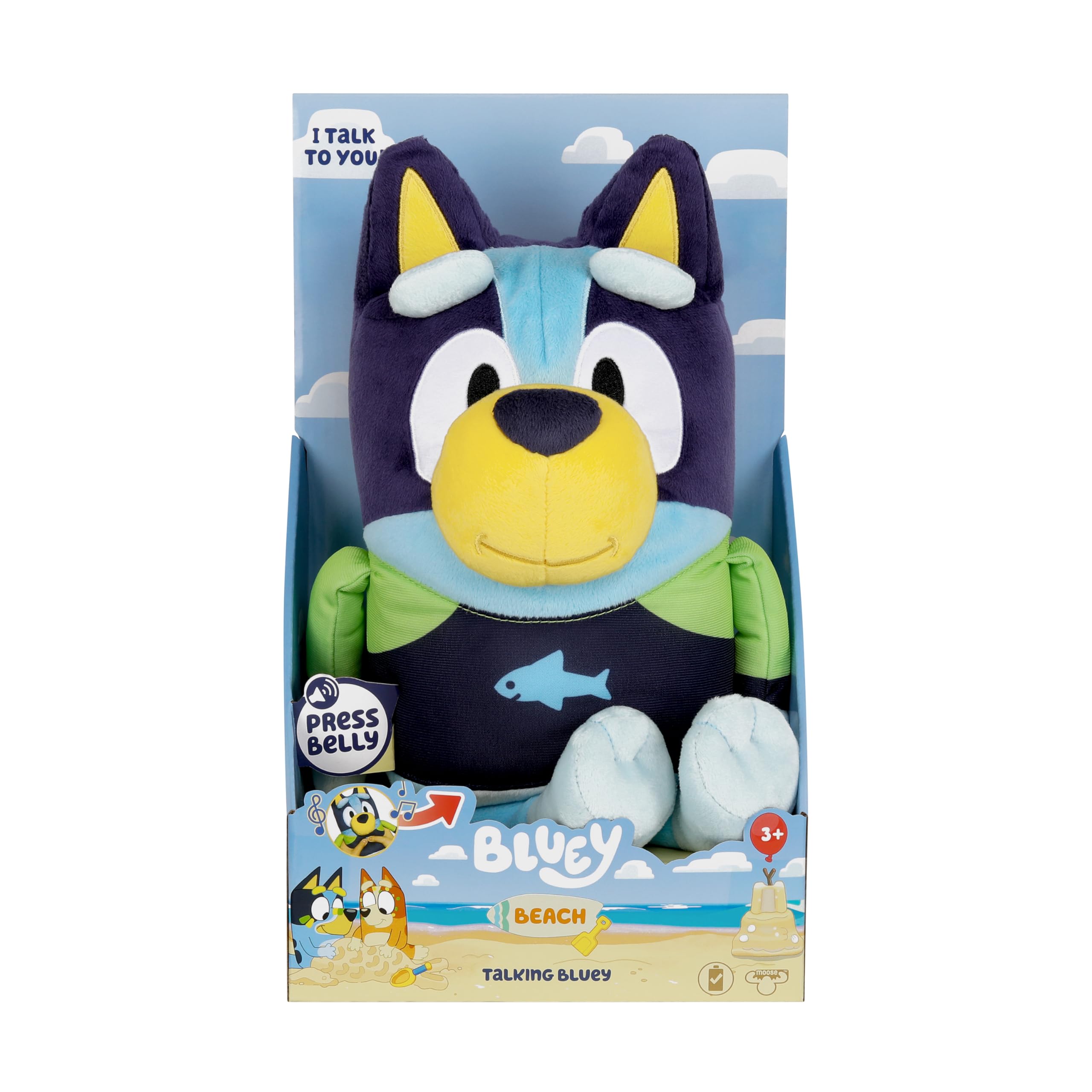 Bluey beach edition plush, tummy press to hear nine phrases from the show, perfect for storytelling.