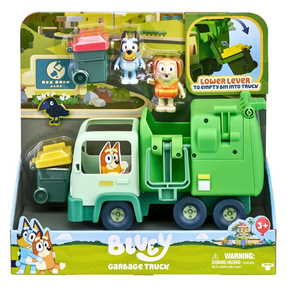 Bluey Bin Man figure beside truck for ride along storytelling adventures.