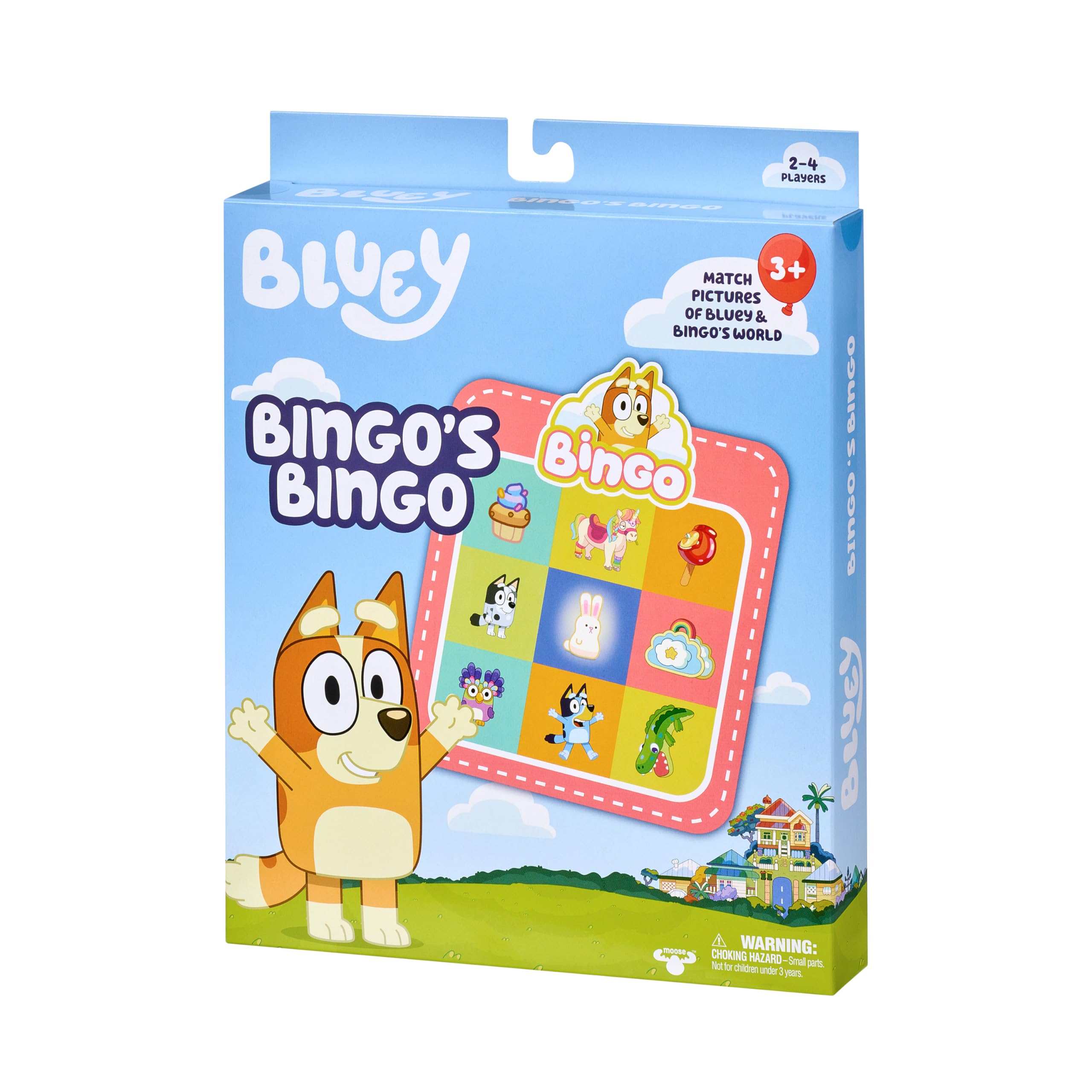 Bluey Bingo’s Bingo Card Game with four double-sided bingo cards for family play.