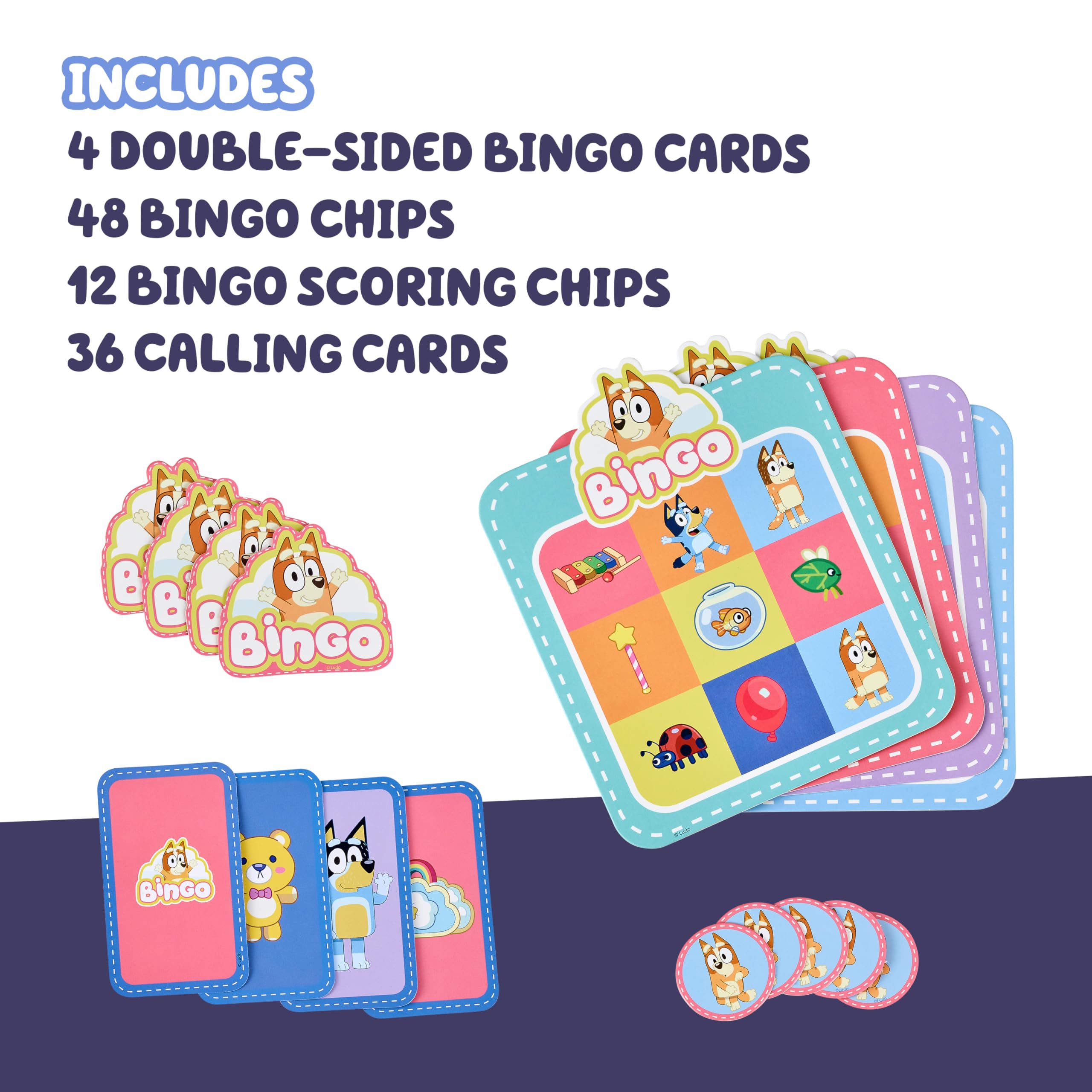 Bluey Bingo’s Bingo Card Game featuring 12 scoring chips to celebrate matches.