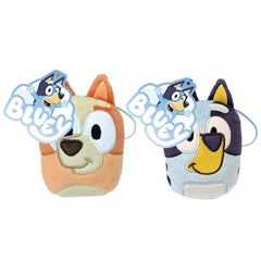Bluey Bingo mini plush with clip demonstrates easy attachment to bags.