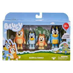 Bluey cake topper-ready figures for themed party displays.