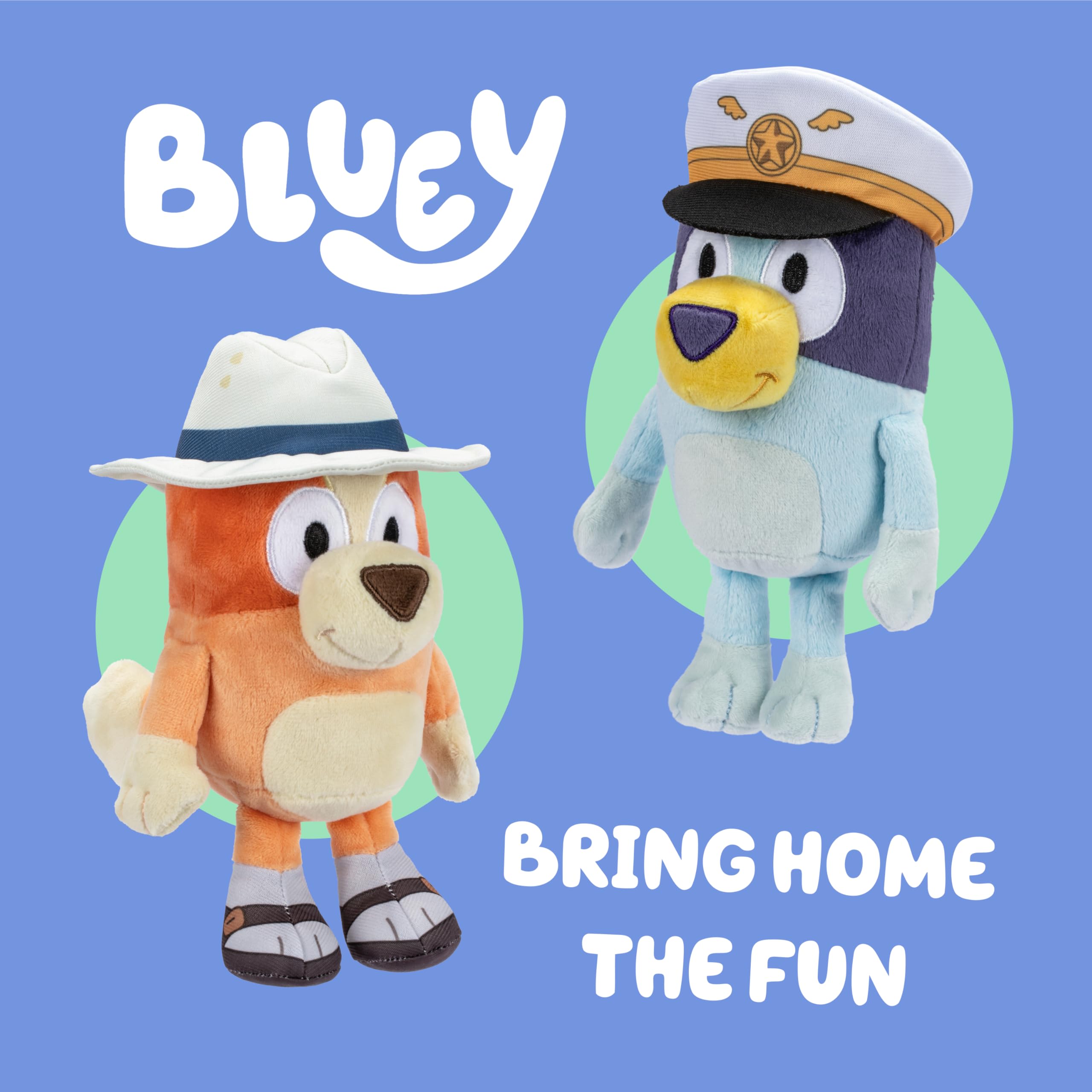Bluey plush wearing captain's hat for roleplay adventures.