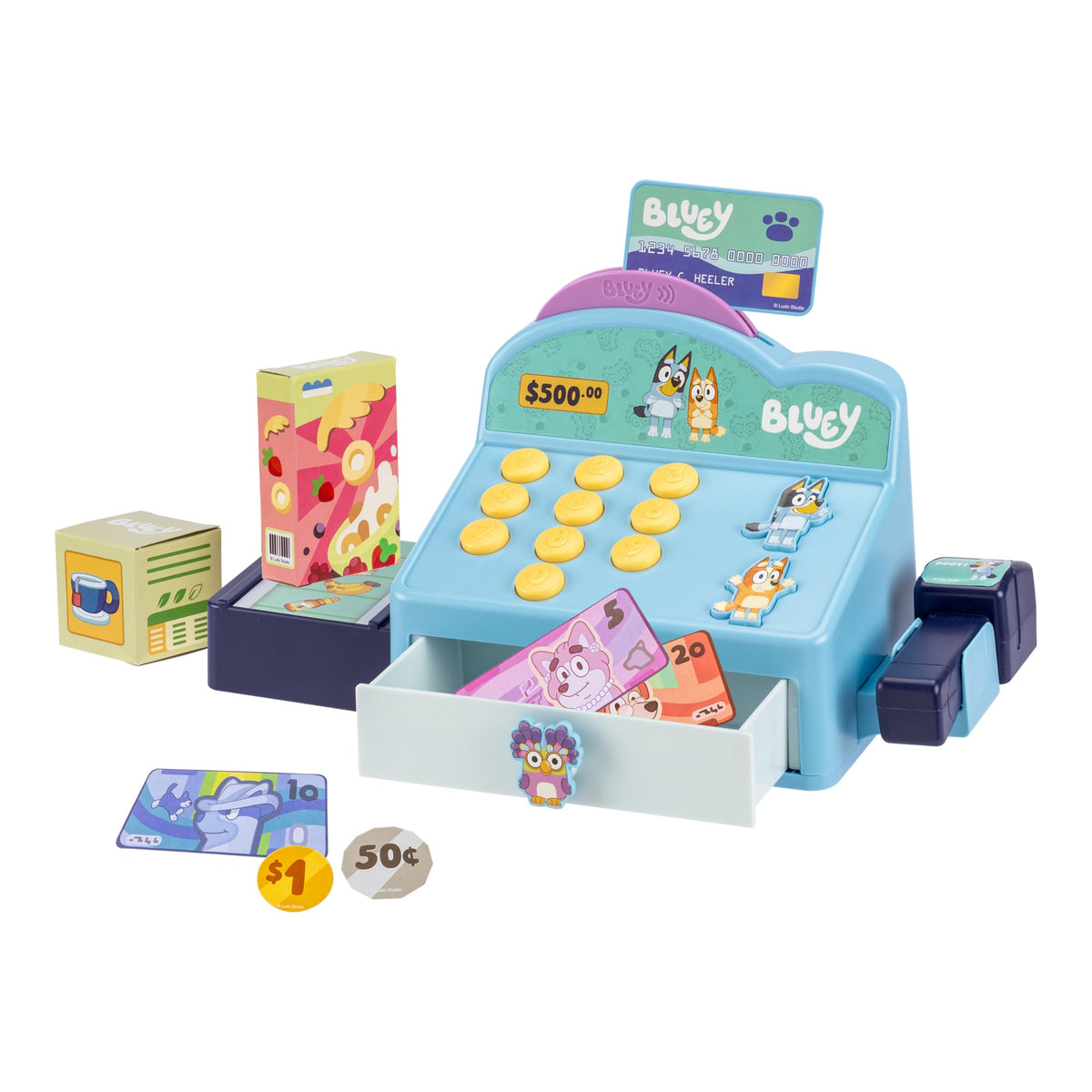 Bluey cash register playset with scanner for interactive pretend shopping.