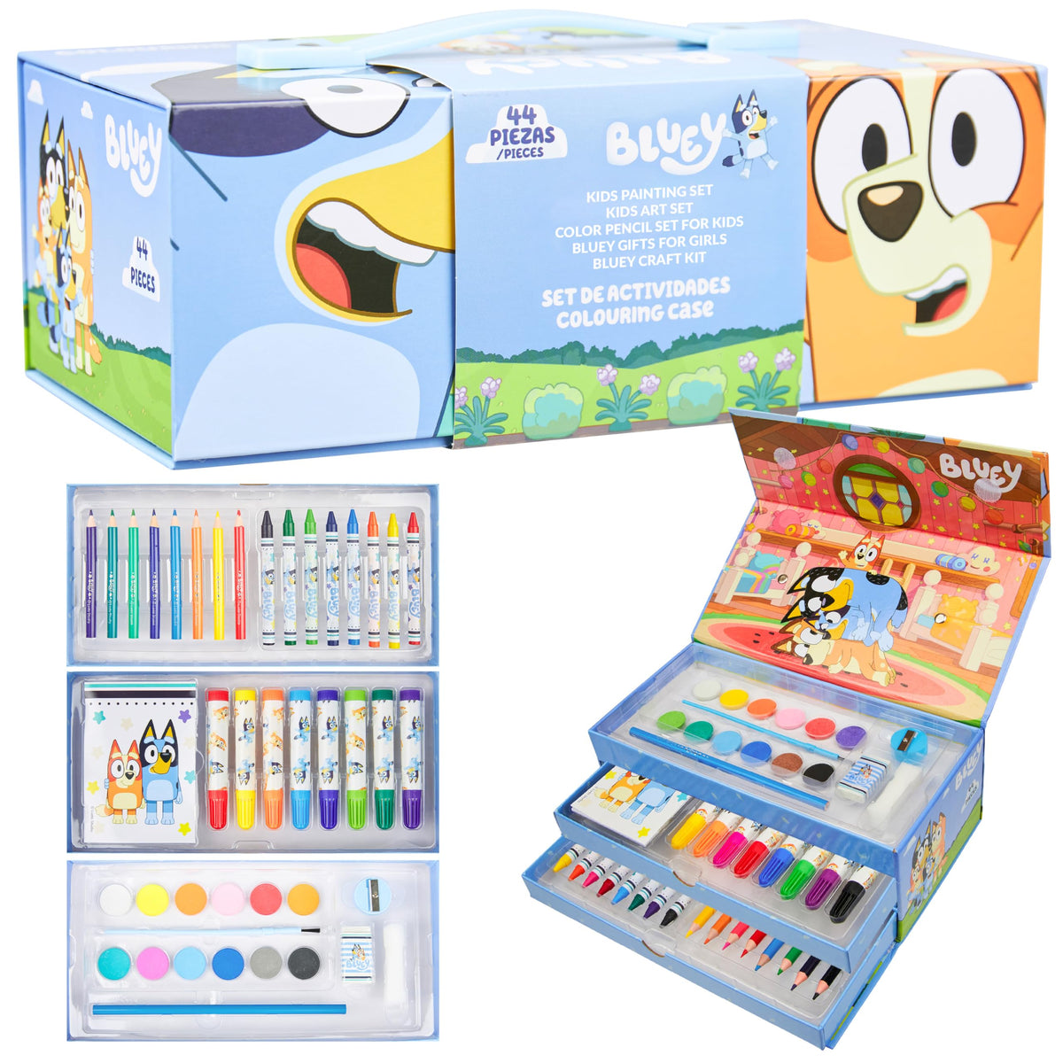 Bluey colored pencils inside a portable travel case for on-the-go creativity.