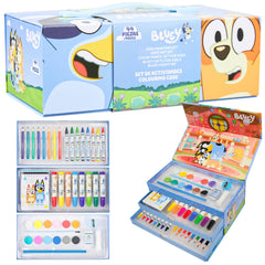 Bluey colored pencils inside a portable travel case for on-the-go creativity.