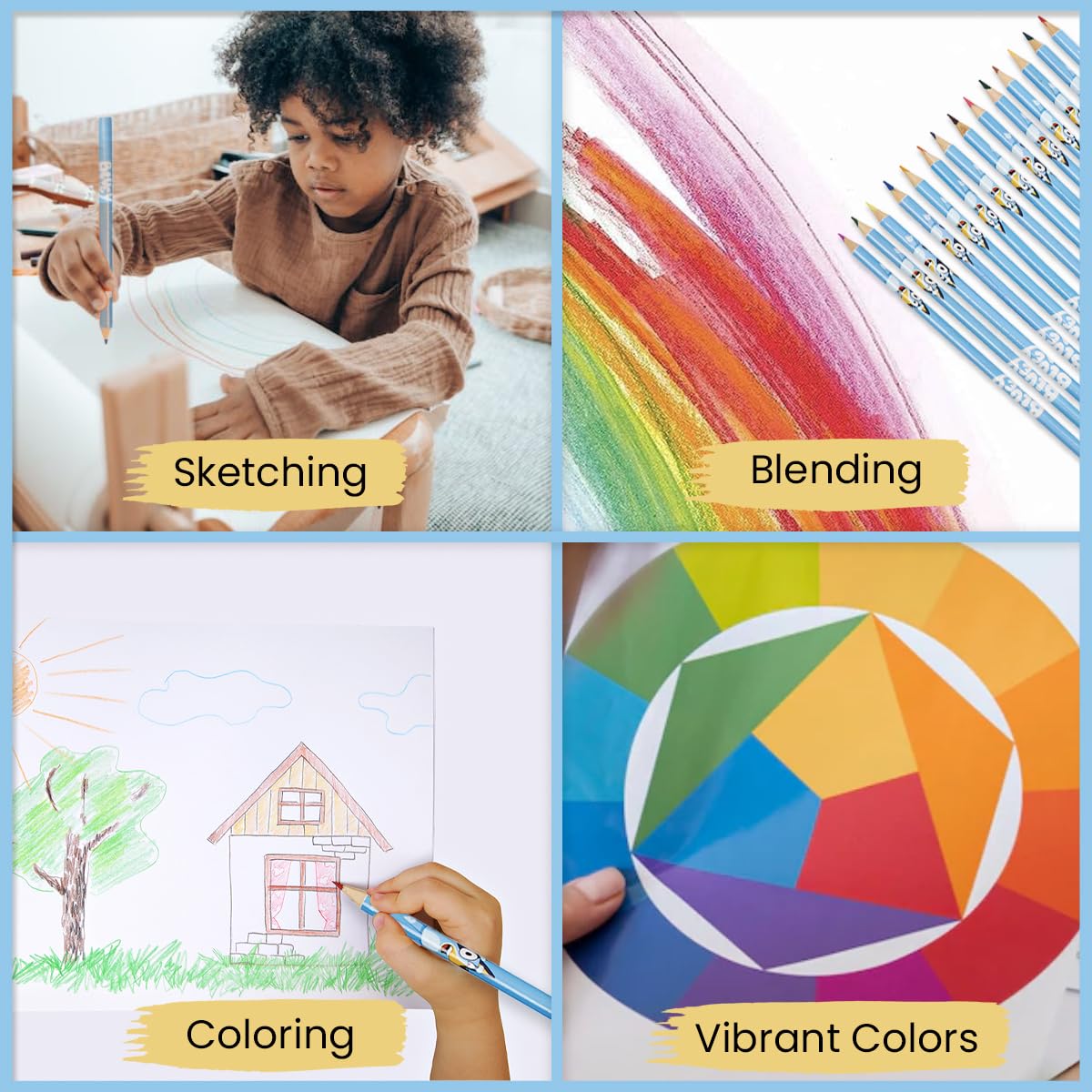 Bluey colouring pencils closeup shows vibrant colours for budding artists