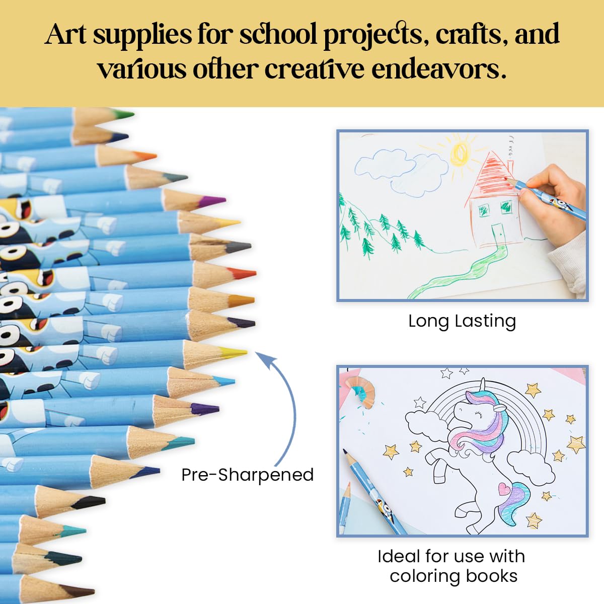Bluey colouring pencils in use for doodling and drawing adventures