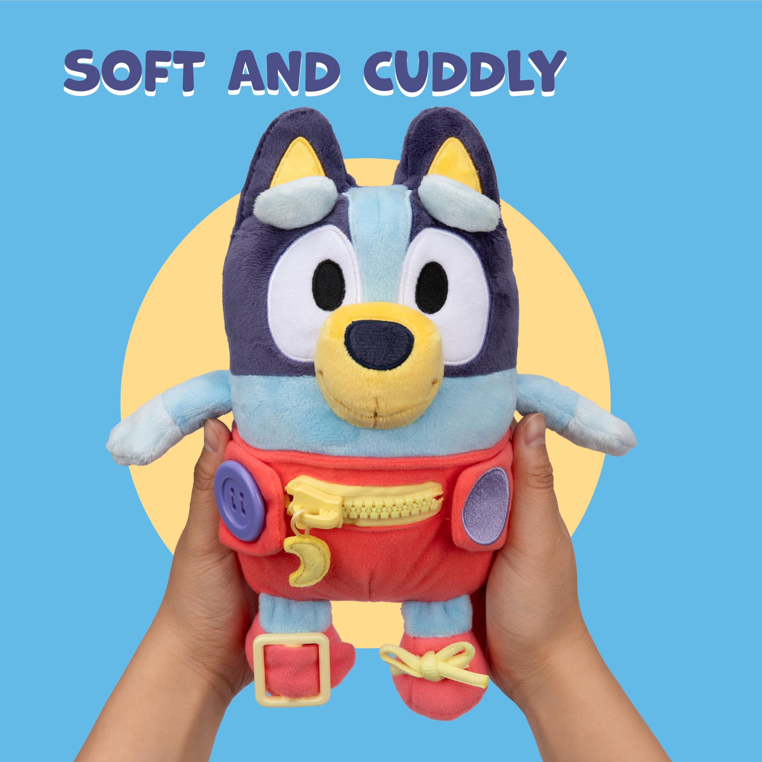 Bluey Dress & Play plush stands 10 inches tall for easy grasp by little hands.