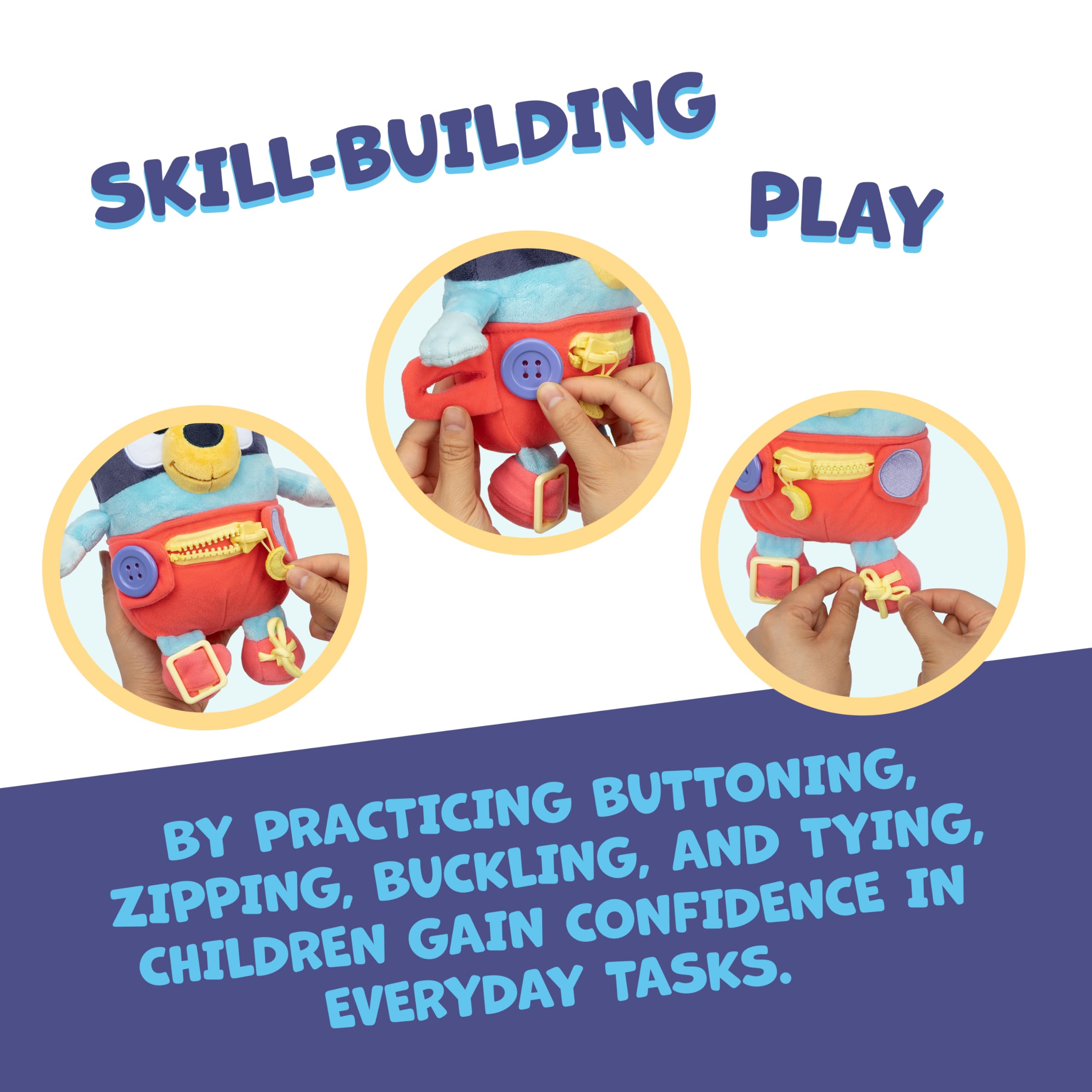 Bluey Dress & Play plush with buckle and shoelaces for realistic clothing tasks.