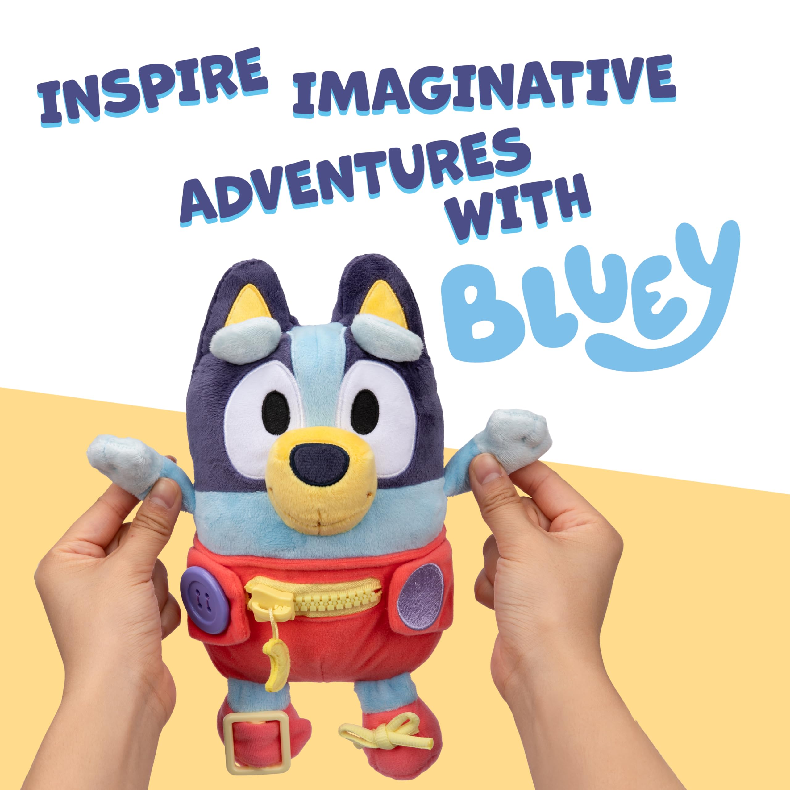 Bluey Dress & Play plush requires no batteries for screen-free adventures on the go.