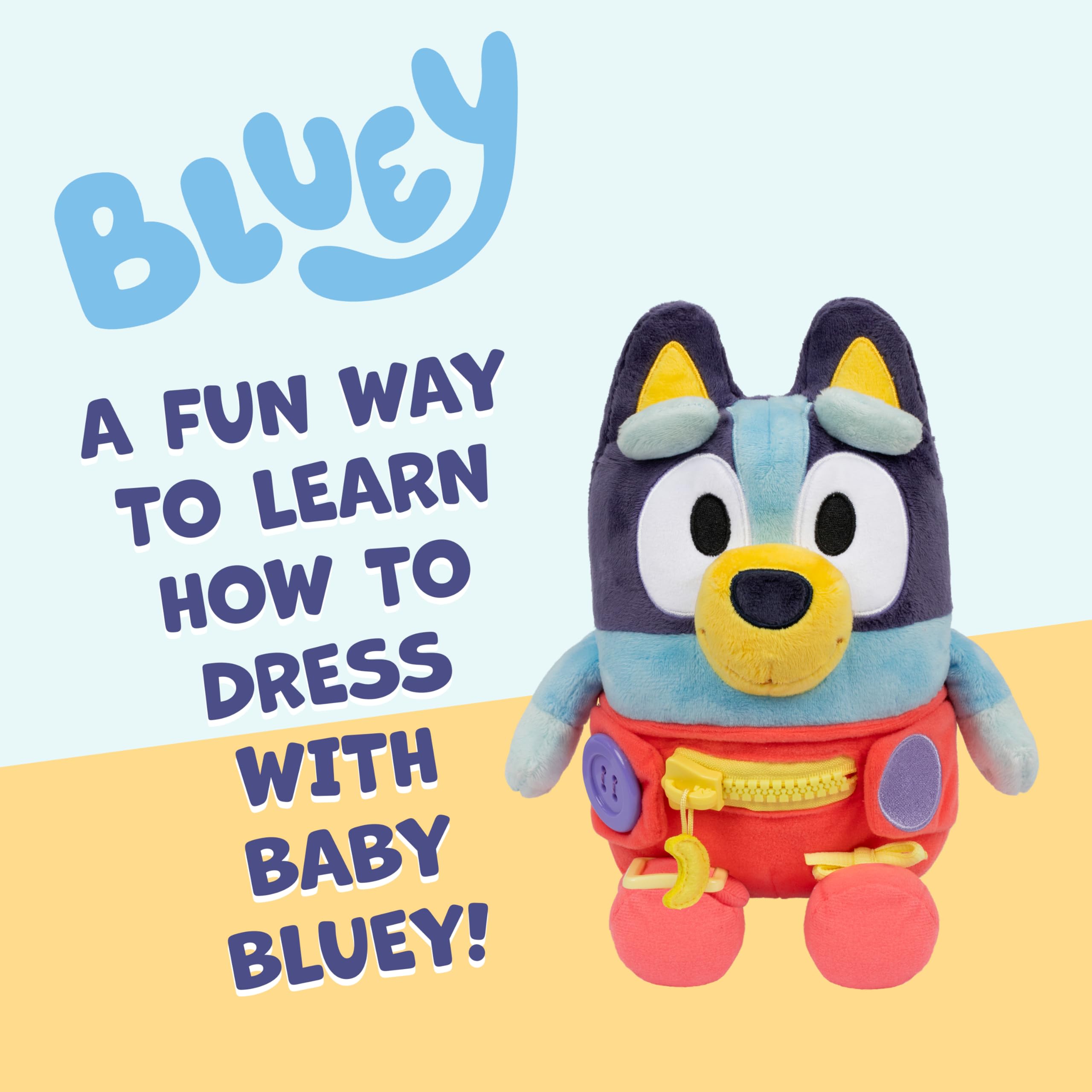 Bluey Dress & Play plush featuring a zipper for hands-on dressing fun.