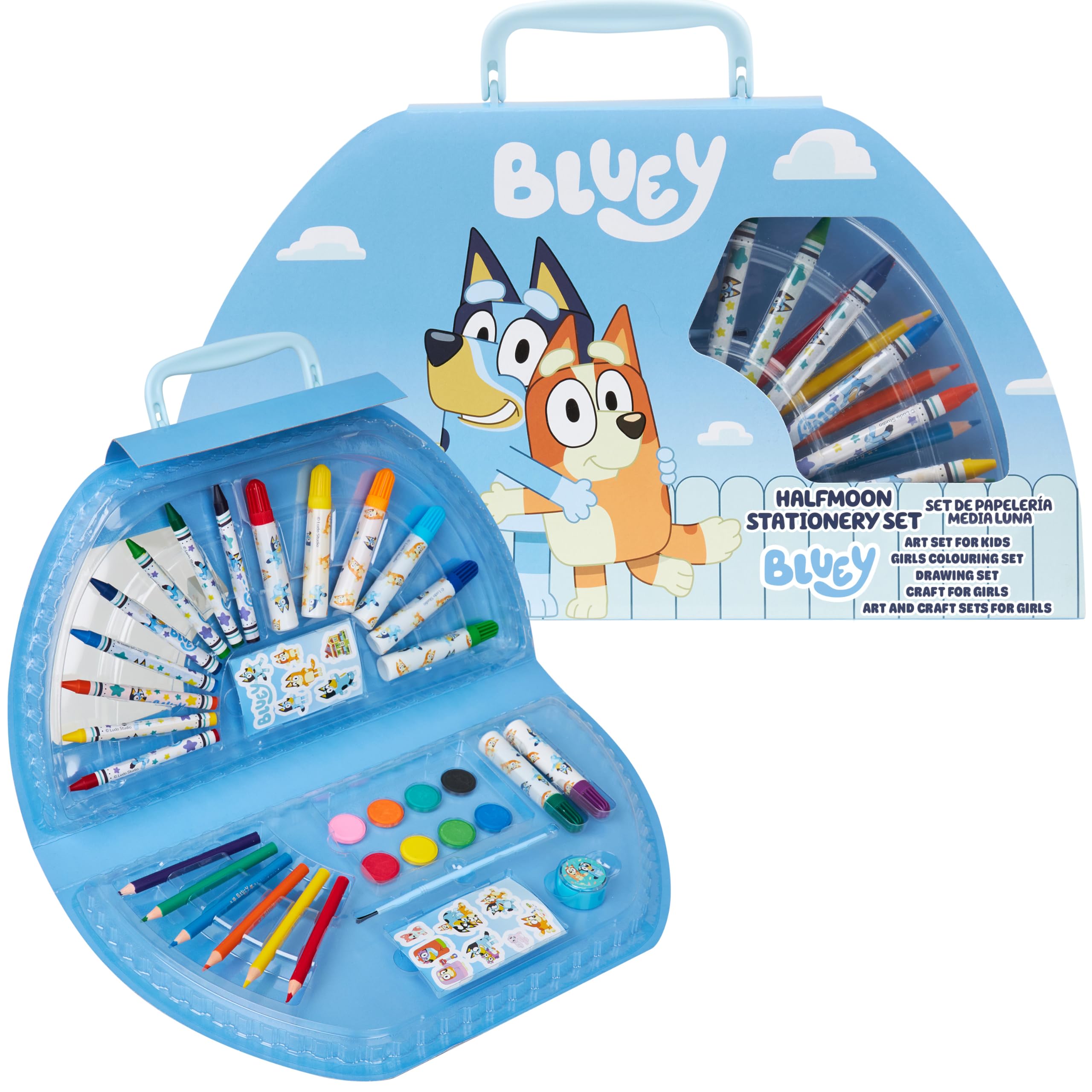 Bluey halfmoon case open with colored pencils for portable kids art sessions