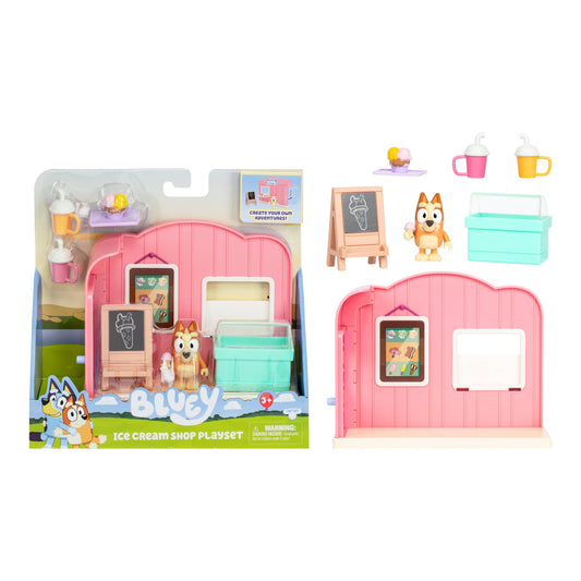 Bluey Ice Cream Shop Playset display stand highlights flavors for imaginative summer pretend play.