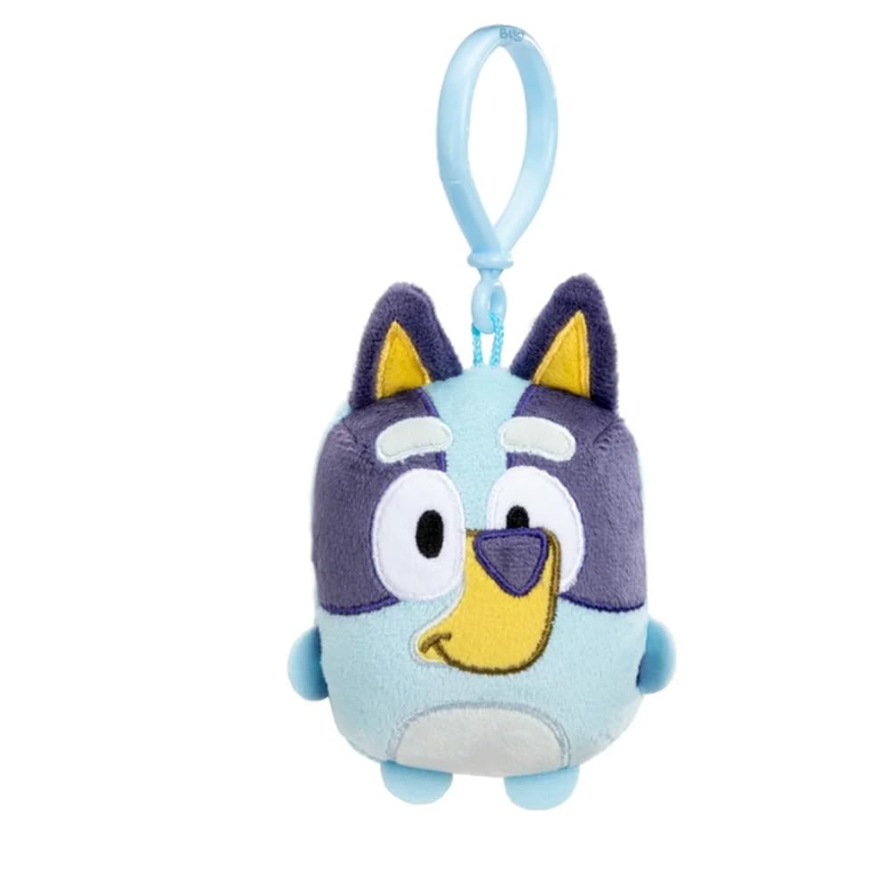 Bluey mini plush clipped to a backpack for on-the-go play