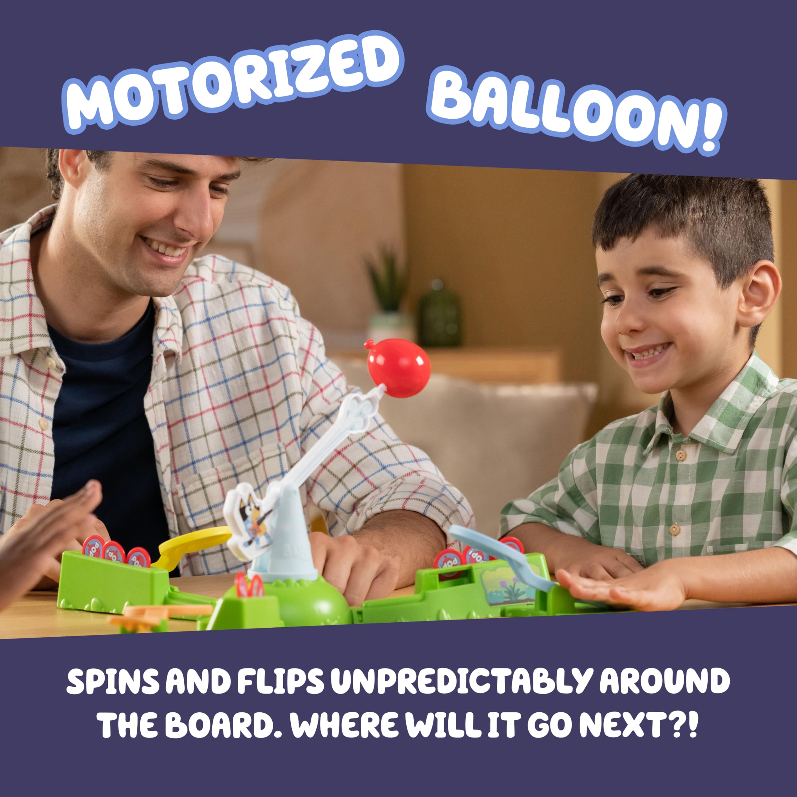 Bluey motorized balloon flips across the board adding excitement and dynamic play.