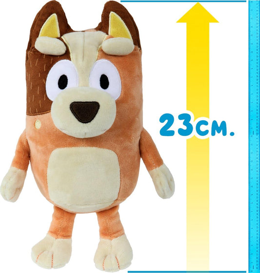 Bluey Mum Chilli plush side view showcasing embroidered details for kid-friendly play.