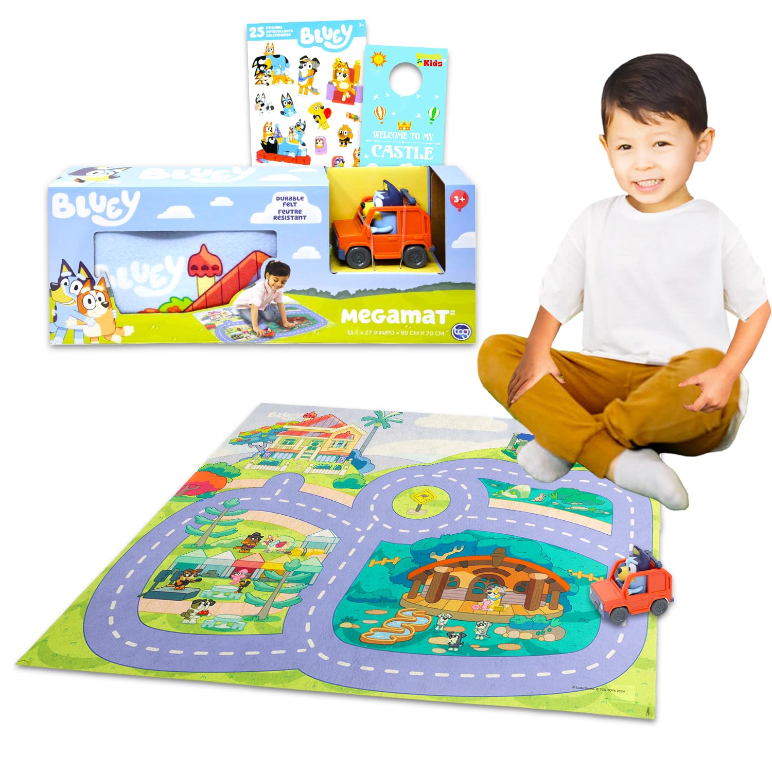 Bluey play mat with vehicle offers colorful imaginative play on a soft surface.