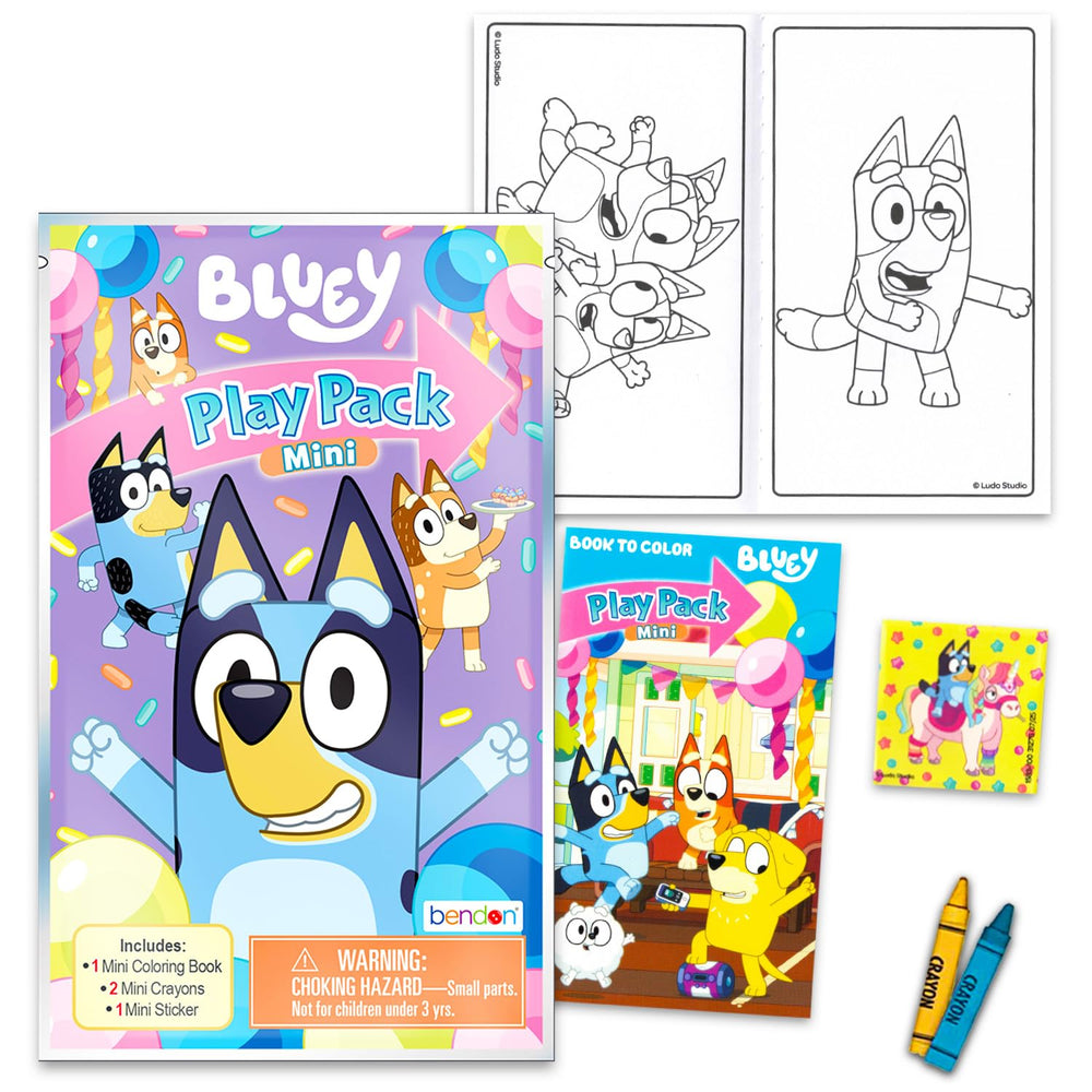 Bluey Play Packs coloring pad and two mini crayons ready for coloring on the go.