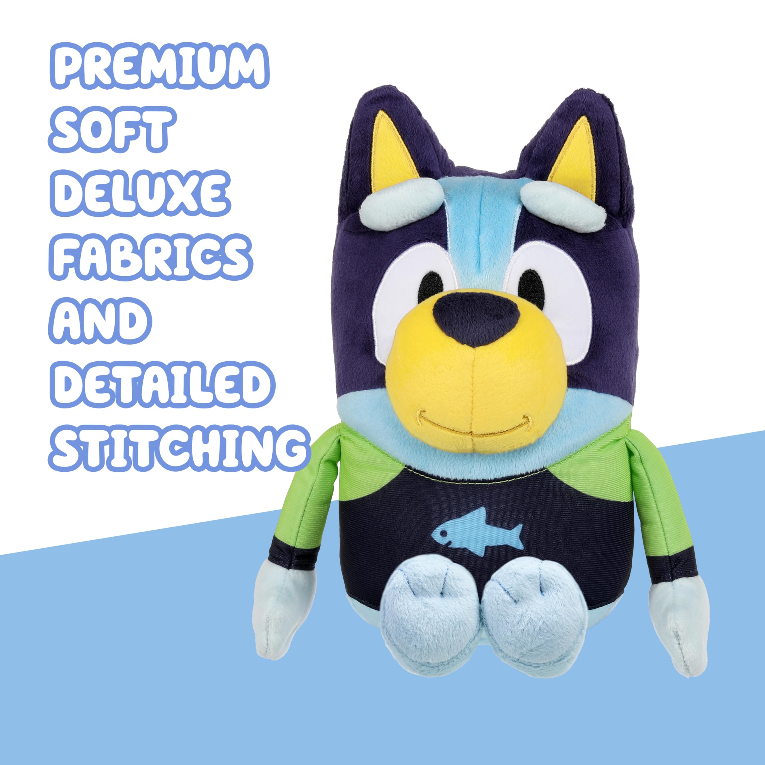 Bluey wearing rashie beach outfit, ready for sand and surf pretend play.