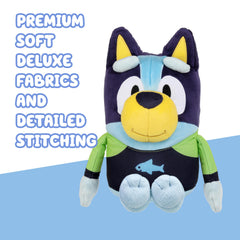 Bluey wearing rashie beach outfit, ready for sand and surf pretend play.