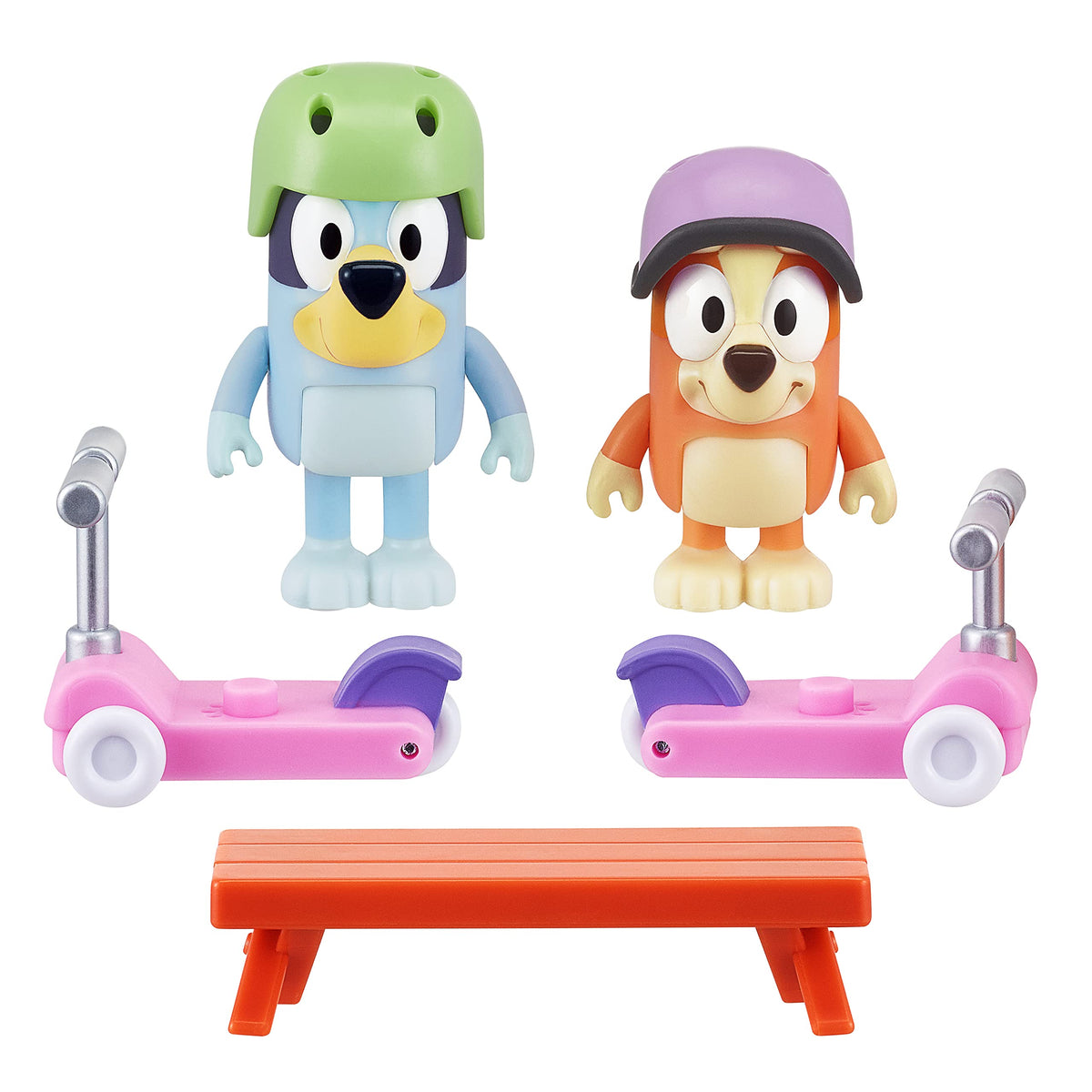 Bluey and Bingo on scooters for imaginative play and storytelling.