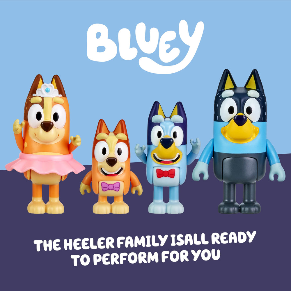 Bluey Showtime Bandit blue costume figure enables family scene reenactments.