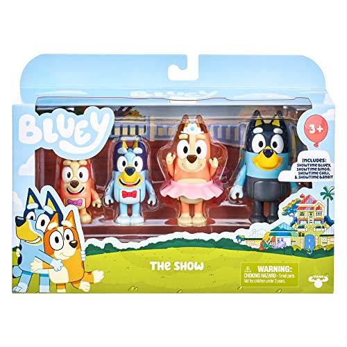 Bluey Showtime Bingo figure in bowtie invites family storytelling and pretend stage performances.
