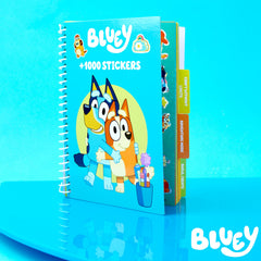 Bluey sticker sheet spread showing 1000+ stickers for notebooks