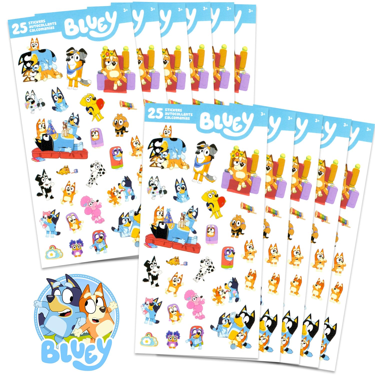 Bluey-sticker-sheets featuring Bluey and friends, perfect for party favors.