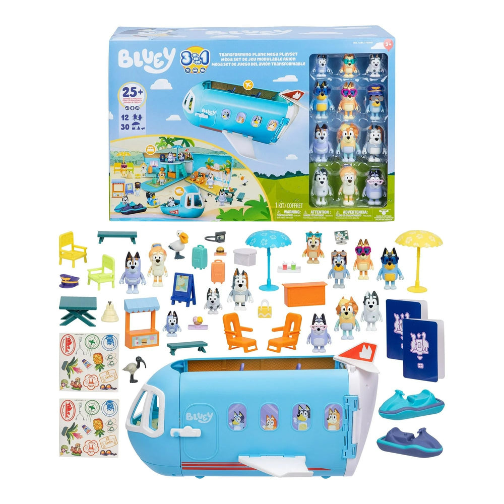 Bluey Transforming Plane Mega Set packaging and contents on display.