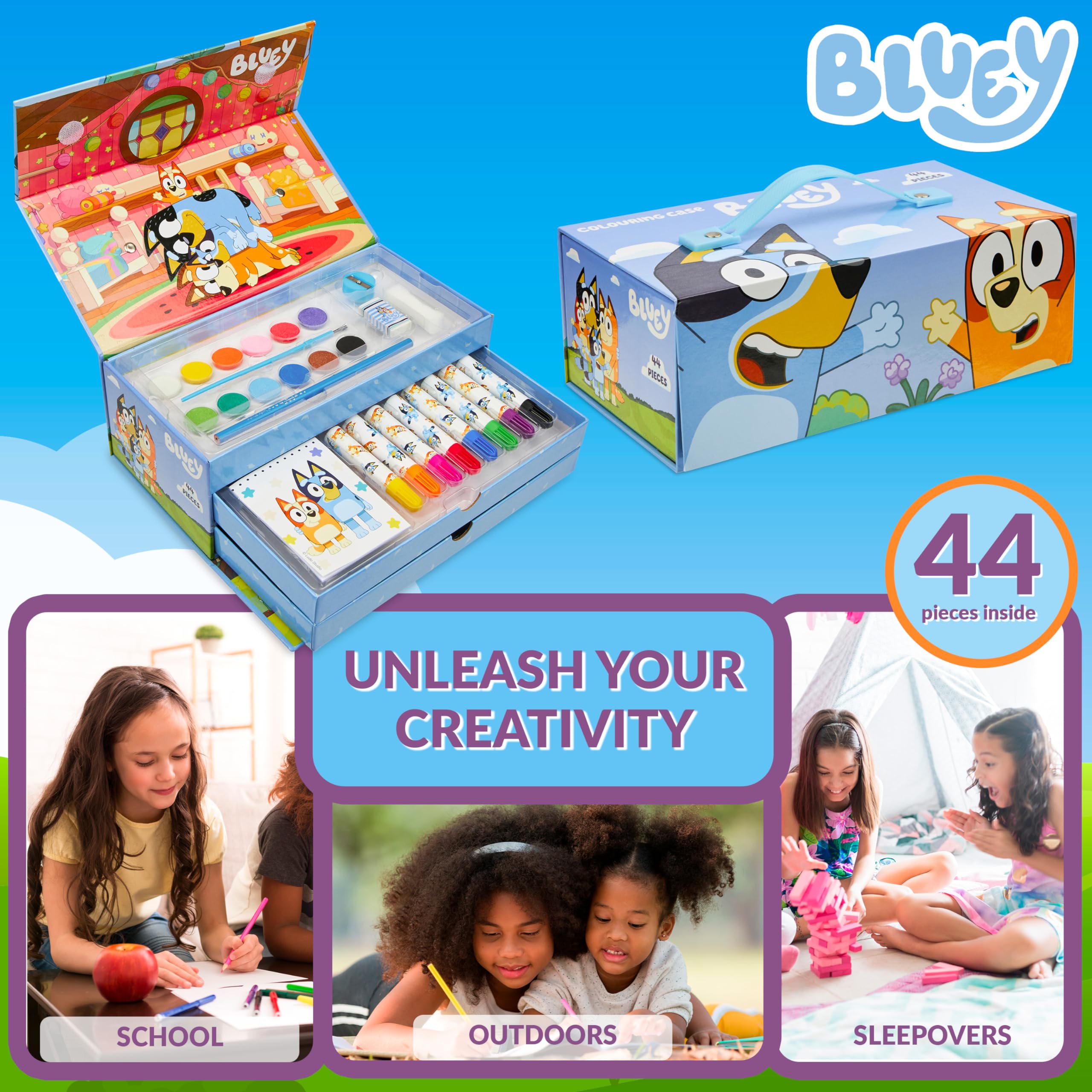 Bluey watercolor paints and paper set ideal for vibrant, layered art projects.