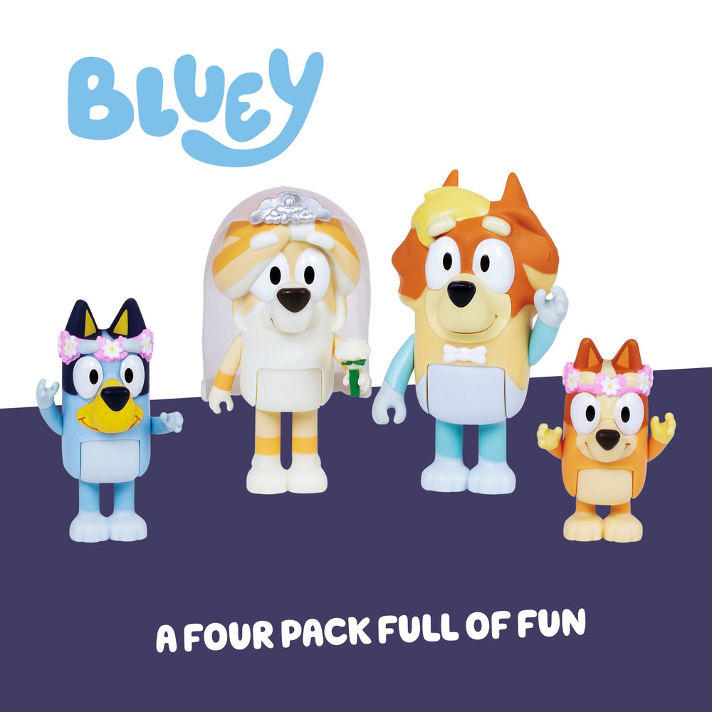 Bluey wedding figures: Frisky with veil and bouquet for storytelling.