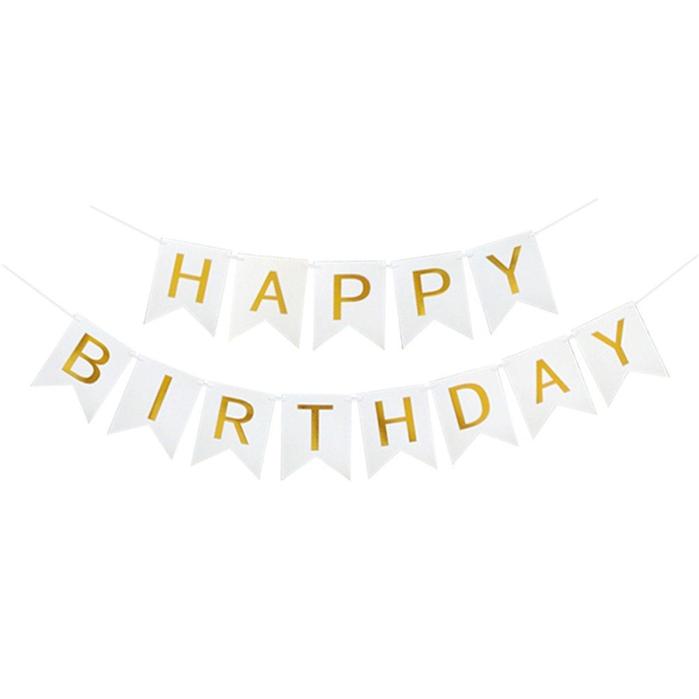 Blukey Happy Birthday banner with gold letters creates a chic photo backdrop.