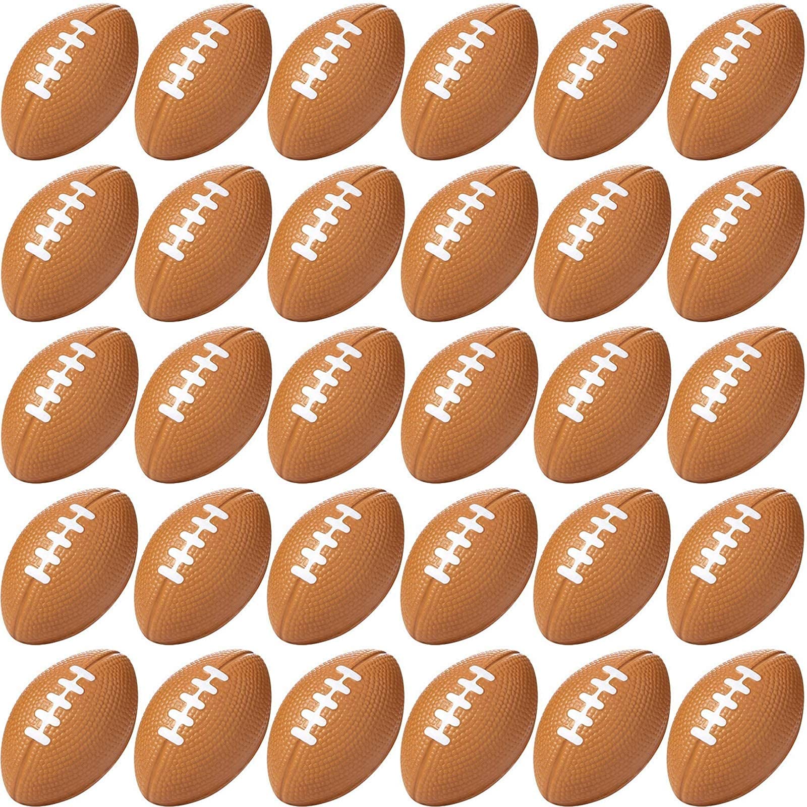 Blulu 50-pack mini foam footballs in brown, compact party favors.