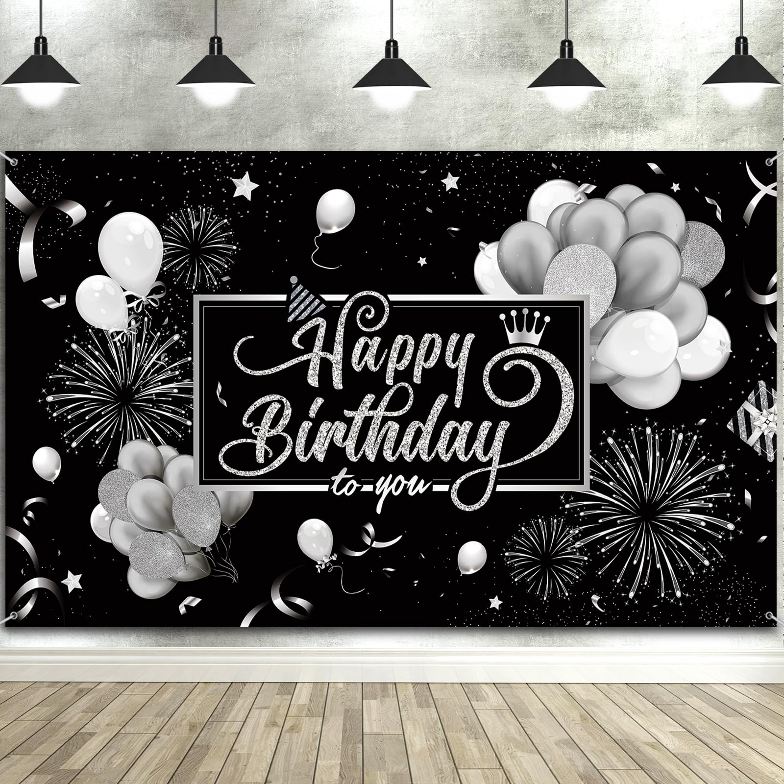 Blulu Happy Birthday Backdrop with glitter balloons for vibrant party photos.