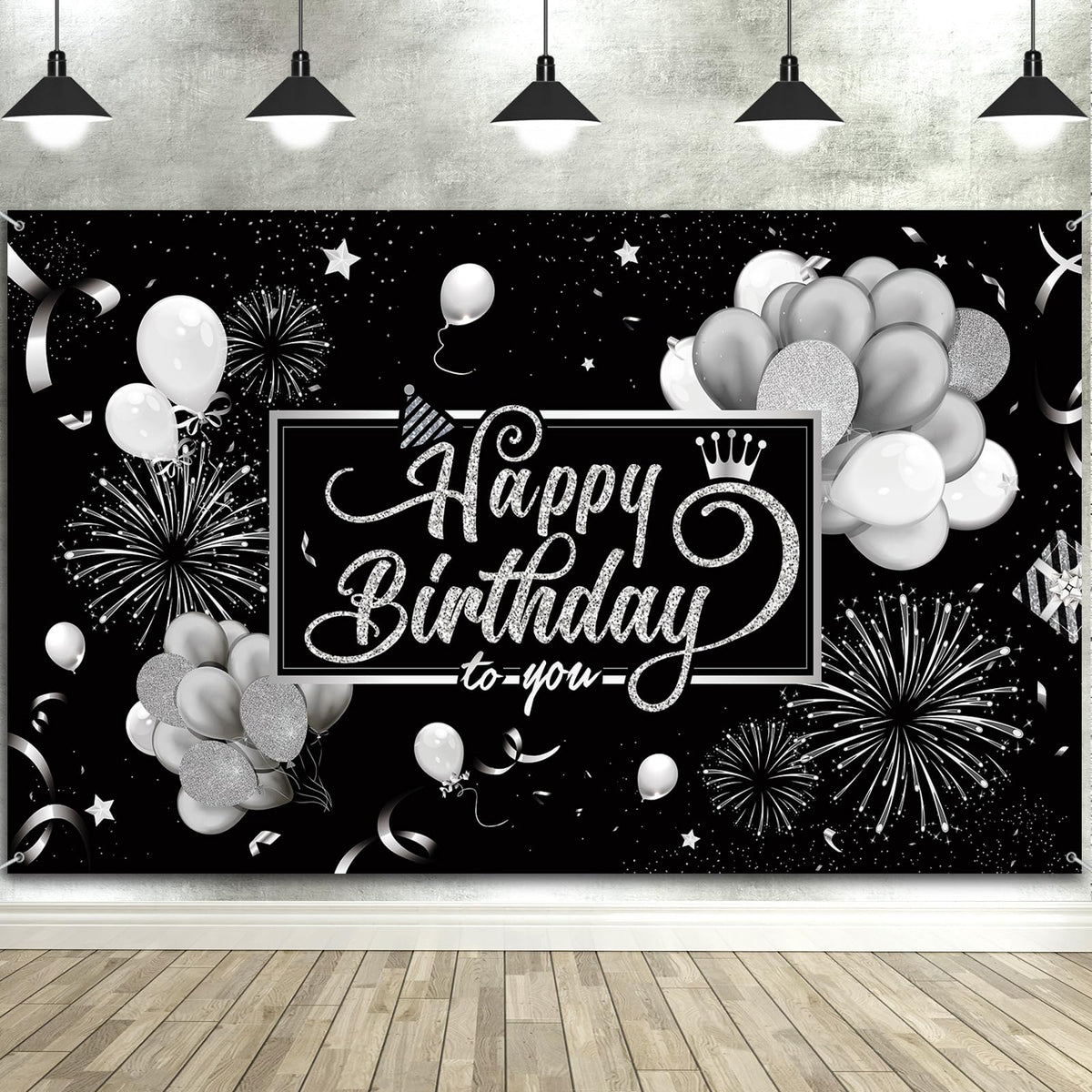 Blulu Happy Birthday Backdrop with glitter balloons for vibrant party photos.
