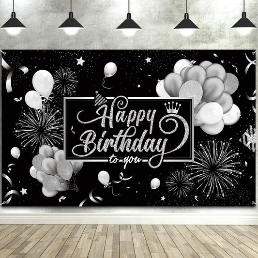 Blulu Happy Birthday Backdrop with glitter balloons for vibrant party photos.