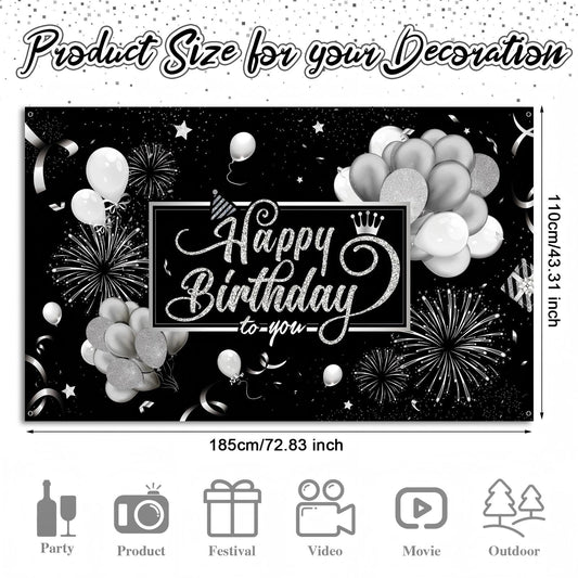 Blulu birthday banner features black-silver design ideal for dramatic cake-cutting shots.