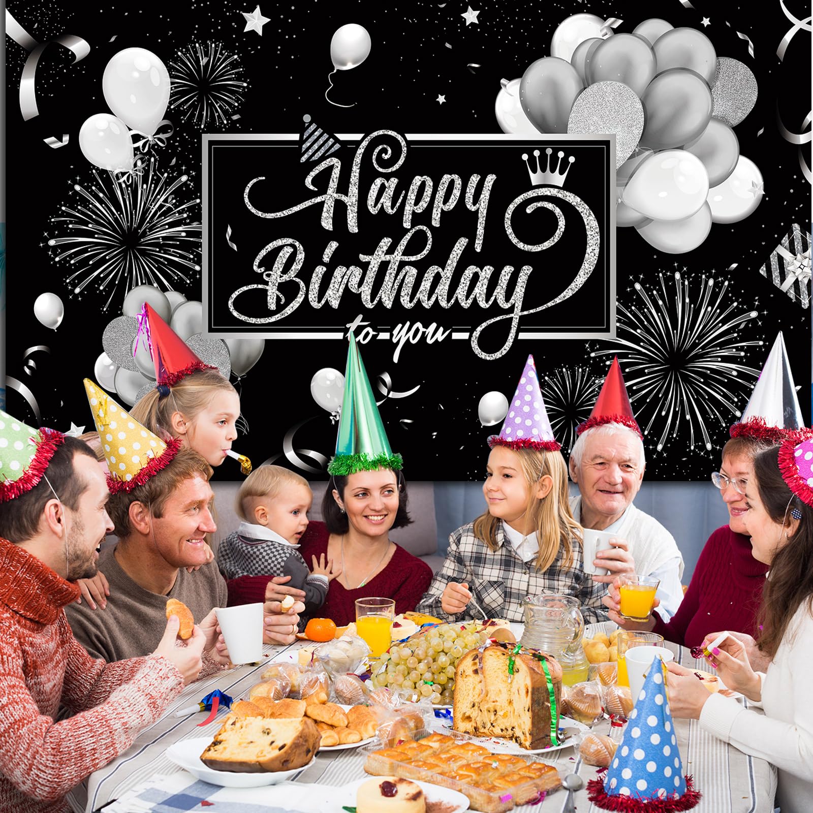Blulu black-silver birthday backdrop enhances photos, framing guests against glam glitter accents.