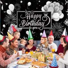Blulu black-silver birthday backdrop enhances photos, framing guests against glam glitter accents.