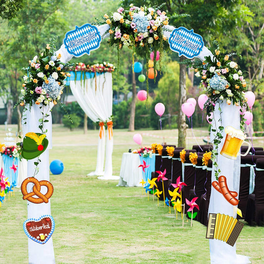 Close-up of Bavarian costume and beer motifs on Blulu banner for themed celebration.