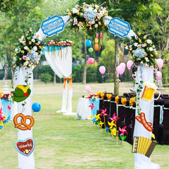Close-up of Bavarian costume and beer motifs on Blulu banner for themed celebration.