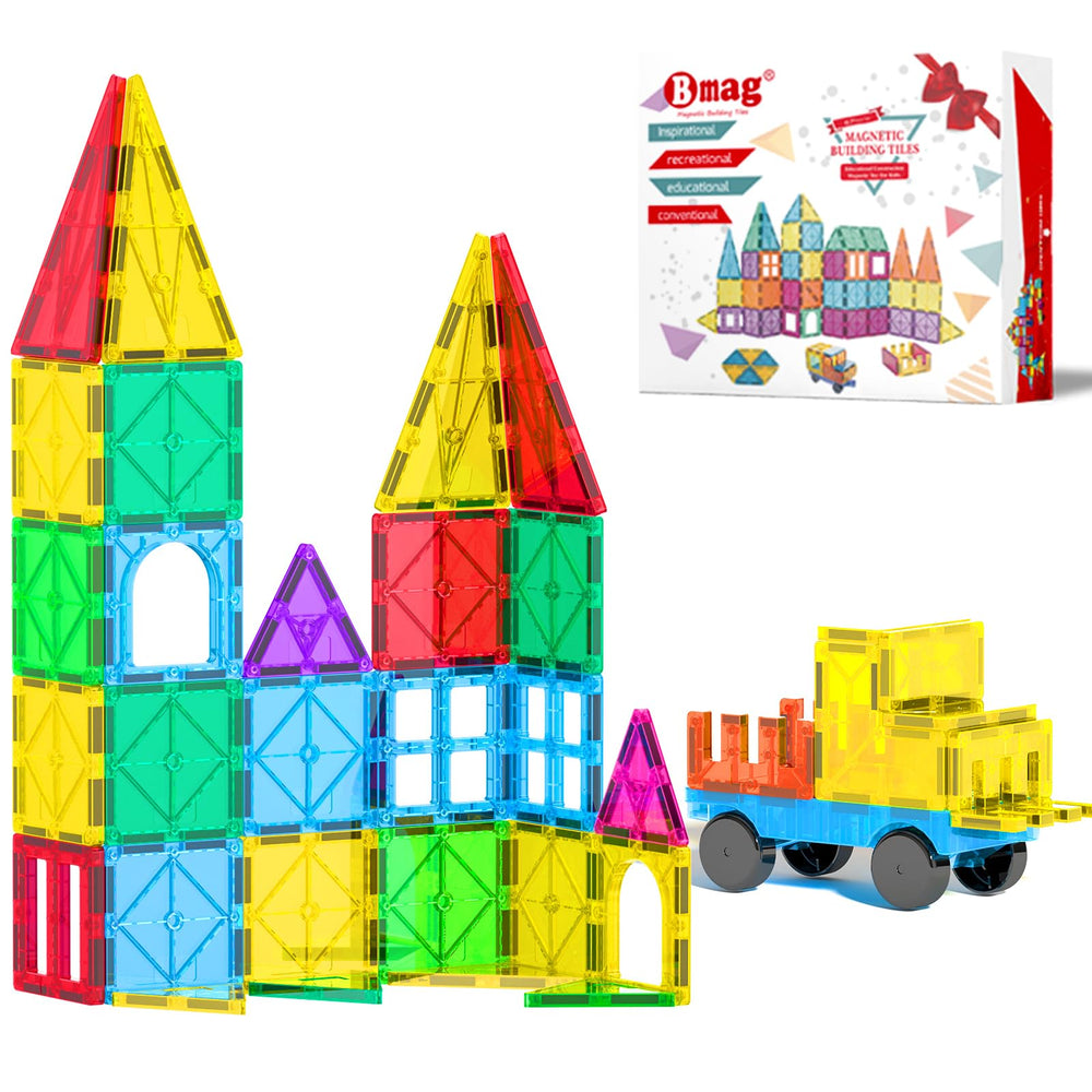 Bmag magnetic tiles set with 67 pieces in vibrant colors sparks early geometry exploration.